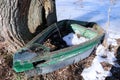 Old abandoned wooden rowboat near the frozen lake. Royalty Free Stock Photo