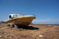 Old abandoned wrecked speed boat at ship or boat graveyard Royalty Free Stock Photo