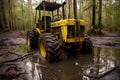 old abandoned yellow Motor grader stuck at swamp, Generative AI