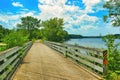 The Old Abe Trail passes over a wooden bridge along the Chippewa River near Jim Falls, WI.