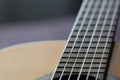 Old acoustic guitar with cracks on the soundboard