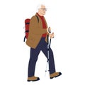 Old active man traveling with backpacks on holidays. Happy elderly man walking with nordic walking sticks, hiking