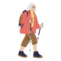 Old active woman traveling with backpacks on holidays. Happy elderly woman walking with nordic walking sticks, hiking