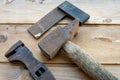 Old adjustable spanner with hammer and set square  ,vintage tools. labour day Royalty Free Stock Photo