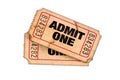 Old admit one torn used tickets isolated white background