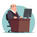 Old Adult Businessman Work Computer Table Character Icon Retro Cartoon