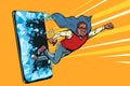 Old african man superhero punches the screen Phone gadget smartphone. Online Internet application service program