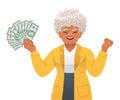 An old African woman holds dollar bills in her hand. A beautiful gray-haired elderly black woman with money in her hand. A happy