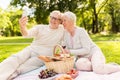 Senior couple taking selfie at picnic in park Royalty Free Stock Photo