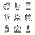 old age line icons. linear set. quality vector line set such as chesspiece, home, suitcase, walker, doctor, hearing aid, single