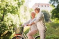 Happy senior couple with bicycle at summer park Royalty Free Stock Photo
