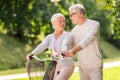 Happy senior couple with bicycle at summer park Royalty Free Stock Photo