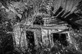 Black and white of old damaged wooden house