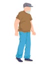 Old aged male character walking, man wear cap with excessive weight, outdoor stroll cartoon vector illustration