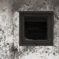 Old aged rusted grey black white shack hut wall paint, broken window glass wooden frame, weathered grungy rusty steel dirty gray