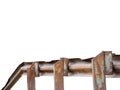 Old aged weathered bent rusty grunge metallic iron bridge rail, isolated perspective horizontal closeup, large detailed textured