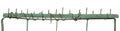 Old aged weathered green painted metallic vintage fence gate, large detailed upward driven nails closeup panorama, isolated