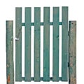 Old aged weathered green painted wooden gate, isolated rural garden fence entrance detail, large detailed abandoned countryside
