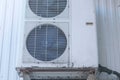 Old air conditioning on the street side. Fans are behind bars. Close-up view.