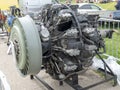 Old aircraft engine with wood propeller, vintage plane close up