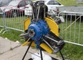 Old aircraft engine with wood propeller, vintage plane close up