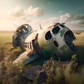 An old aircraft wreck in the field. 3D render. Vintage style.