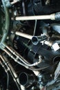 Old airplane engine, closeup details of small gasoline plane Royalty Free Stock Photo