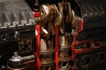 Old airplane engine closeup, industrial structure of classic motor