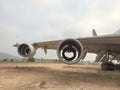 Old airplane turbine standing on airfield parking,vintage style.