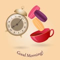 Old alarm clock, cup of tea and macaroons. Good morning. Royalty Free Stock Photo