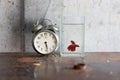 Old alarm clock and Siamese Fighting Fish bowl on rusty iron tab Royalty Free Stock Photo