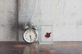 Old alarm clock and Siamese Fighting Fish bowl on rusty iron tab Royalty Free Stock Photo