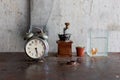 Old alarm clock and Siamese Fighting Fish bowl on rusty iron tab Royalty Free Stock Photo