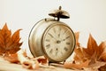 Old alarm clock surrounded by dry leaves Royalty Free Stock Photo