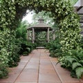 Old alcove view with tropical garden after rain concept photo background