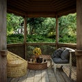 Old alcove view with tropical garden after rain concept photo background