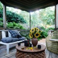 Old alcove view with tropical garden after rain concept photo background