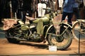 Old American army motorcycle Harley Davidson WLA42 khaki 1942, right side. General view