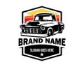 old american classic truck logo featured with eye catching sunset view isolated on white background. Royalty Free Stock Photo