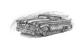 Old American retro car of the 50s-60s with chrome details, graphite pencil Royalty Free Stock Photo