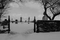 Old Amish cemetery covered in snow in Black and white