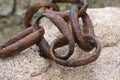 Old anchor chain. Rusty chain links are covered with corrosion. Remains of a sea vessel Royalty Free Stock Photo