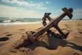 Old anchor on the sea coast, large heavy anchor. Old rusty anchor on the beach in the sand Royalty Free Stock Photo