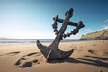Old anchor on the sea coast, large heavy anchor. Old rusty anchor on the beach in the sand Royalty Free Stock Photo