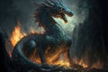 Old ancient fire dragon, glowing eyes, thick scales, dragon mouth with big sharp teeth. Fantastic creature close-up in cave Royalty Free Stock Photo