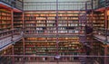 Old ancient library interior, ceiling books, windows, bookshelf