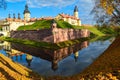 Old, ancient medieval castle with spiers and towers, walls of stone and brick surrounded by a protective moat with water Royalty Free Stock Photo