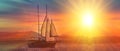 Old ancient ship on peaceful ocean at sunset. Calm waves reflection, sun setting. Copy space. Panoramic view Royalty Free Stock Photo