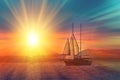 Old ancient ship on peaceful ocean at sunset. Calm waves reflection, sun setting. Copy space Royalty Free Stock Photo