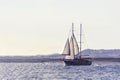 Old ancient ship on peaceful ocean at sunset. Calm waves reflection, sun setting. Copy space Royalty Free Stock Photo